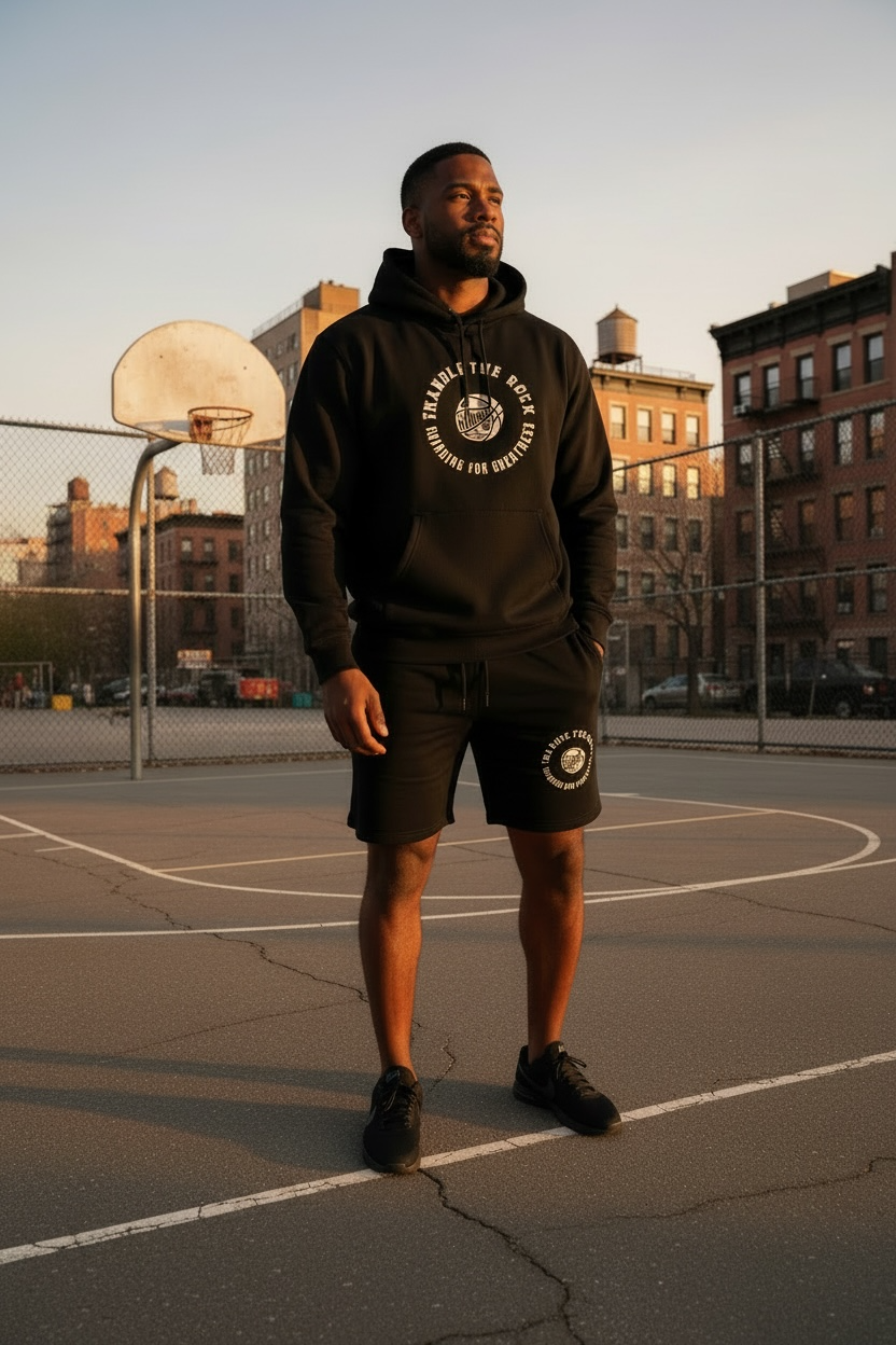 Man wearing a black hoodie and shorts on a basketball court with buildings in the background