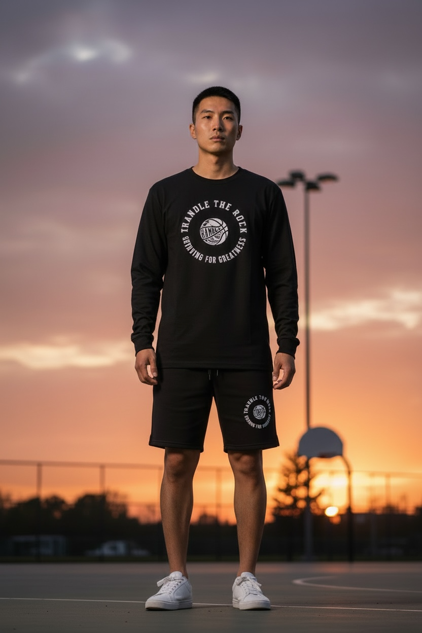 Person wearing a black sweatshirt and shorts with a logo, standing on a basketball court at sunset.