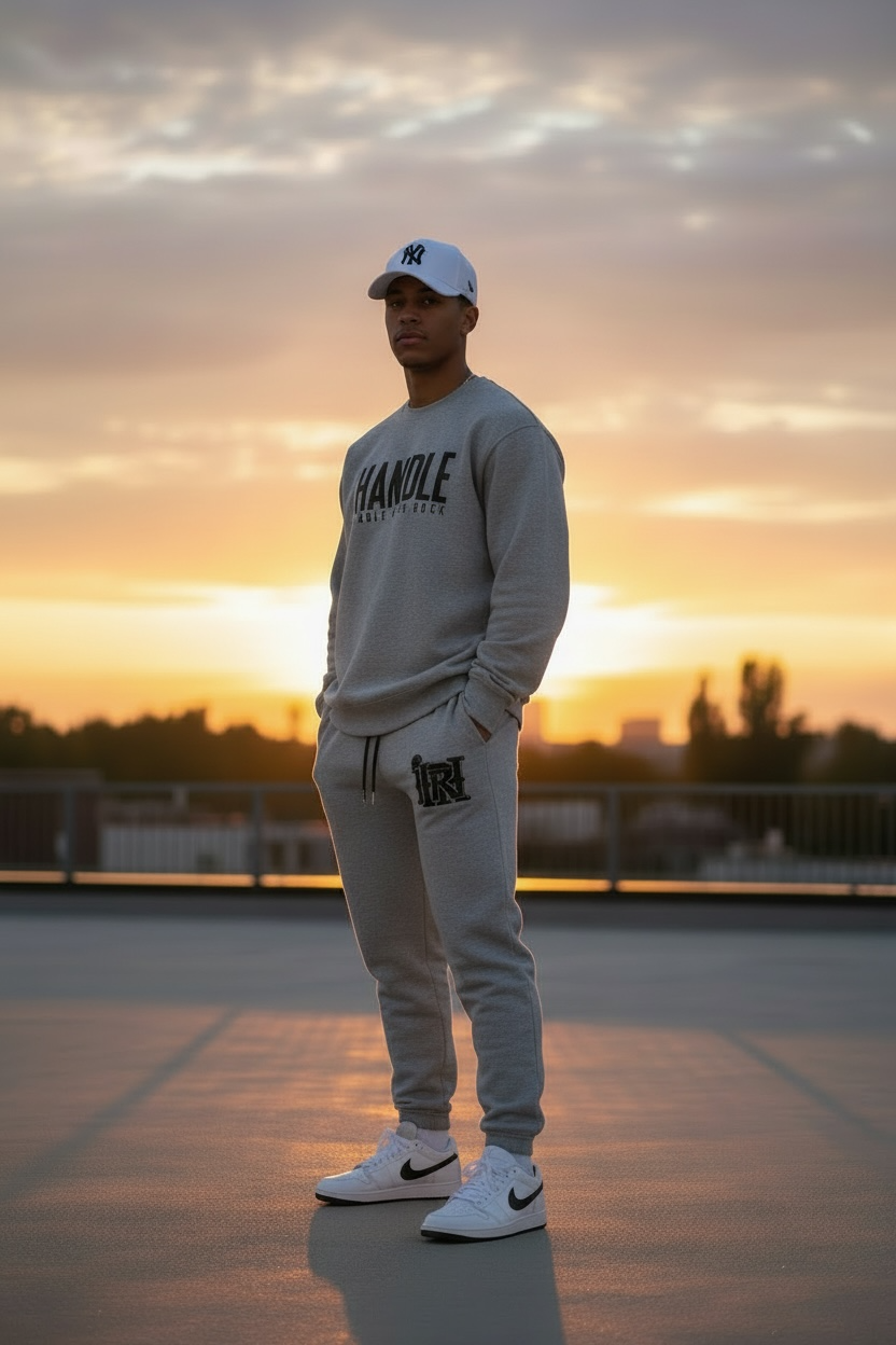 Person wearing a gray sweatshirt and pants with a cap, standing on a rooftop at sunset.