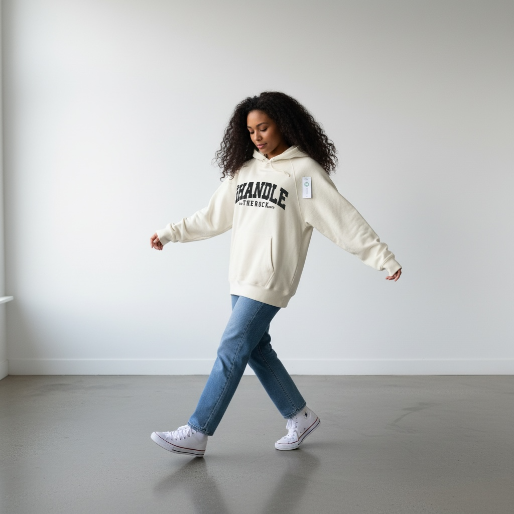 Person wearing a beige hoodie with text, blue jeans, and white sneakers in a minimalistic setting