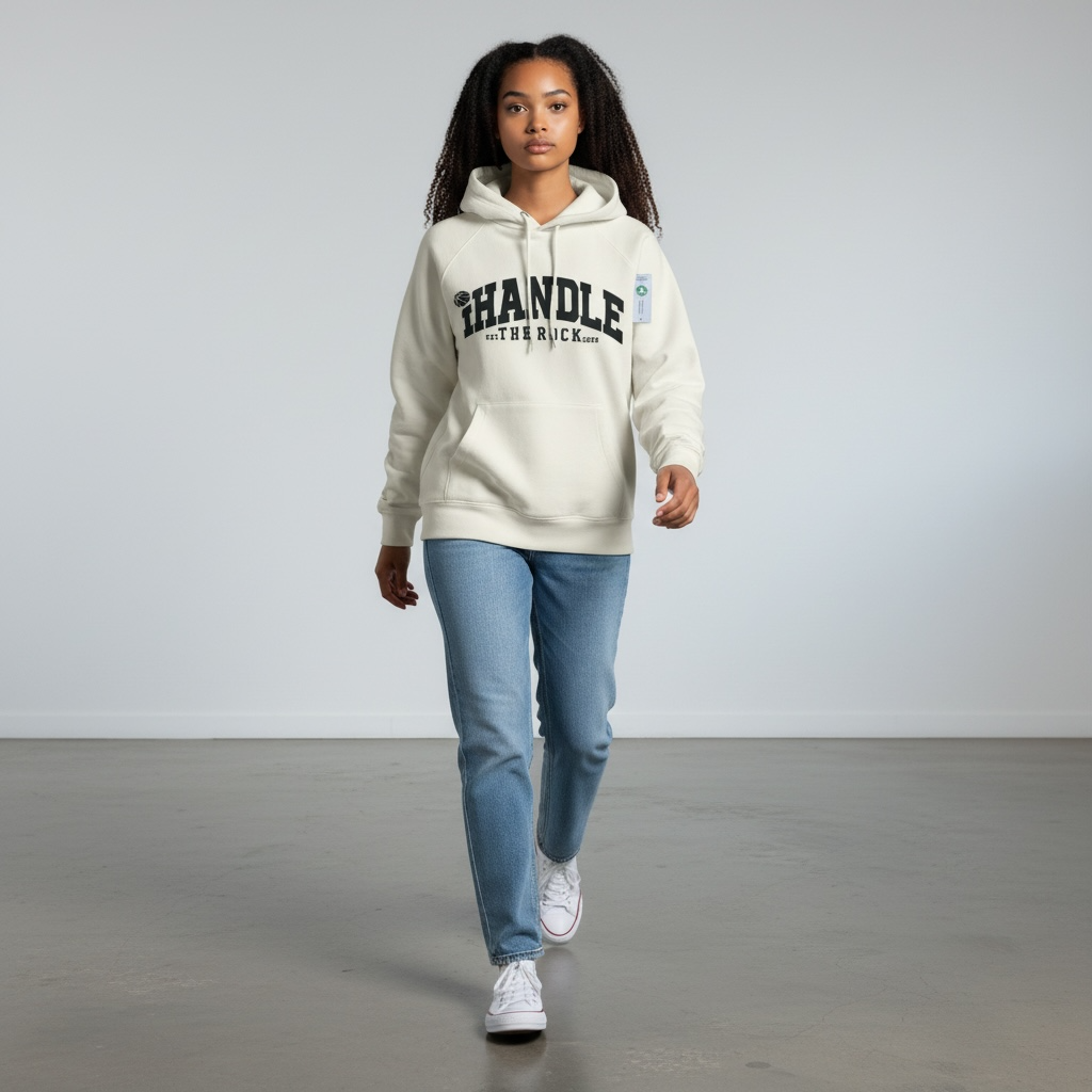 Person wearing a beige hoodie with IHandle text, blue jeans, and white sneakers on a plain background