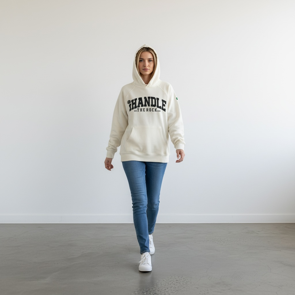 Person wearing a beige hoodie with IHandle text, blue jeans, and white sneakers on a plain background