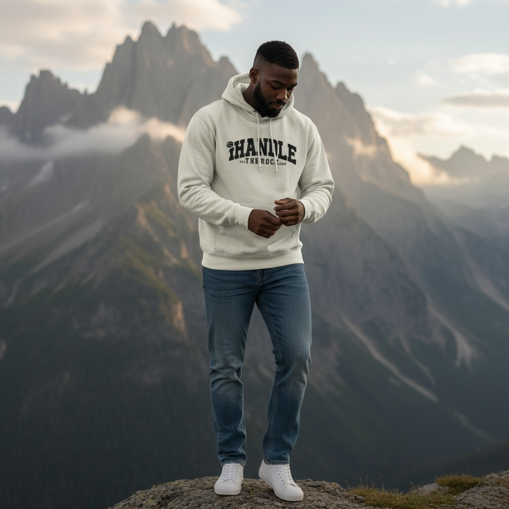 Man wearing a hoodie with IHandle text standing on a mountain peak